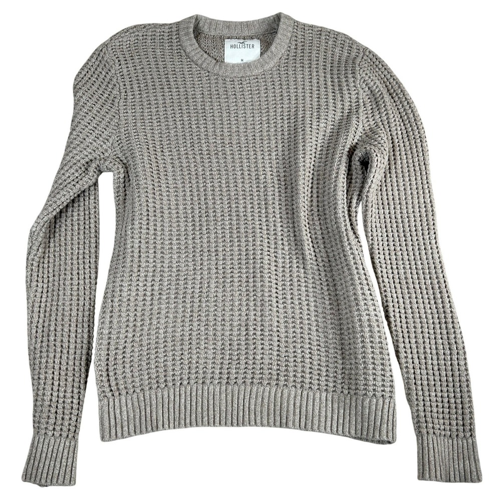 Hollister Mens Waffle Knit Crewneck Sweater Taupe Beige Cotton Blend Size M